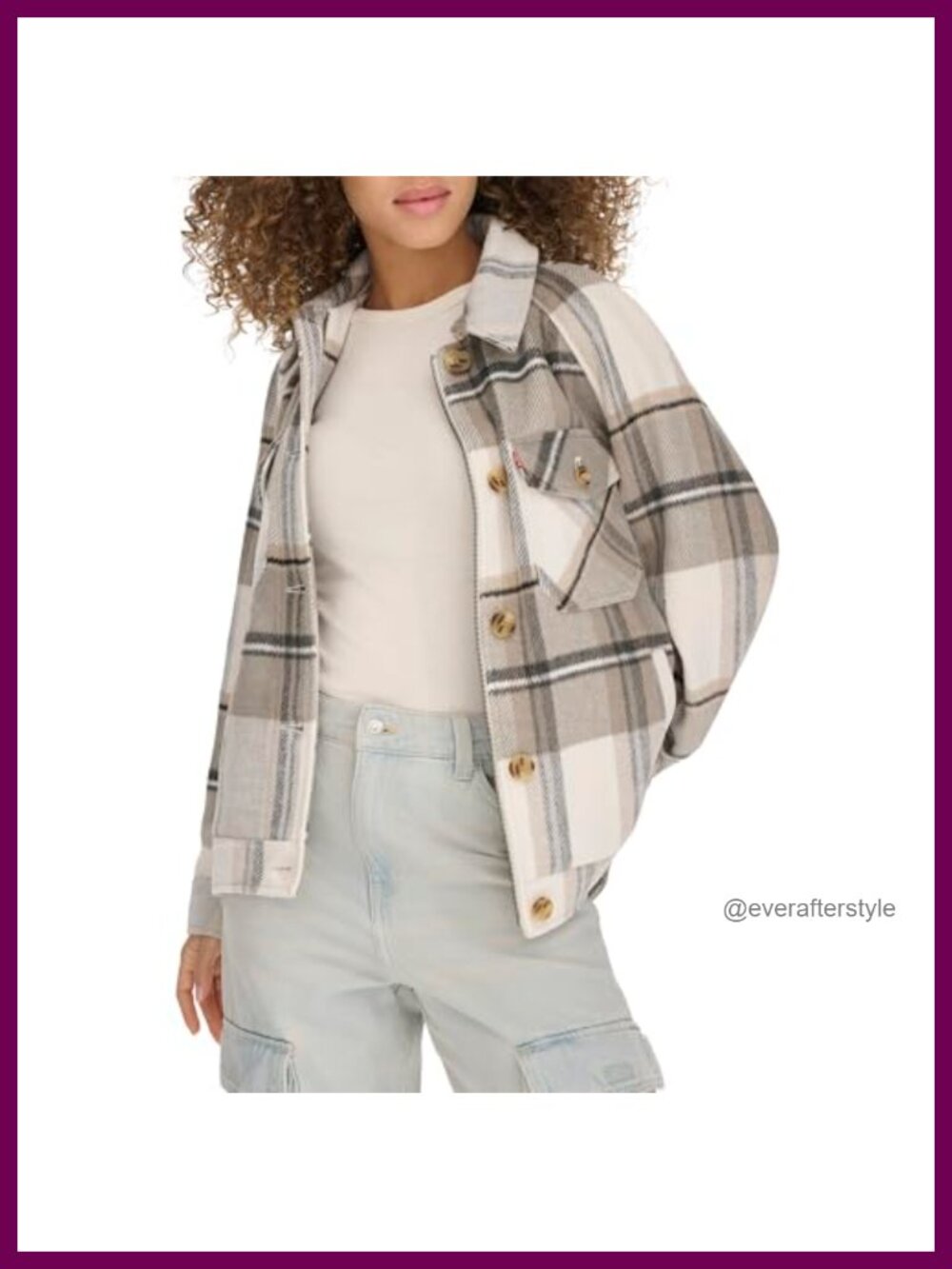 Zoe Relaxed Wool Plaid Shirt Jacket Long Sleeve Button Closure Pockets